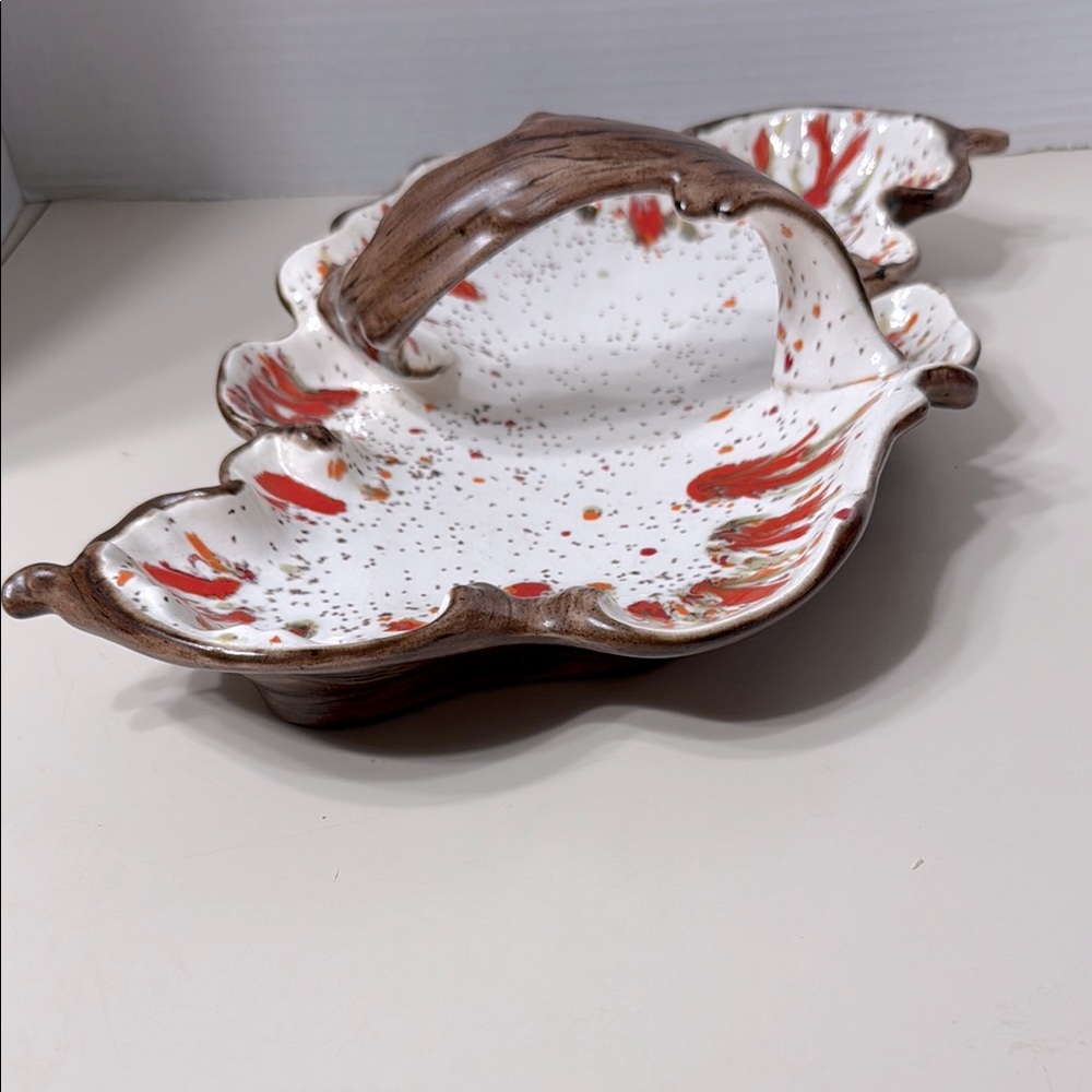 Vintage MCM Ceramic Speckled Splatter Drip Glaze Handle Autumn Leaf Dish Signed